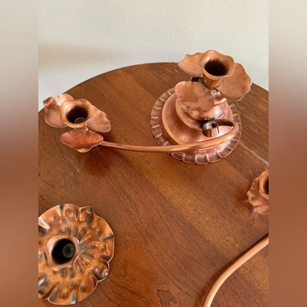 Georgian Copper Candelabra Twist 3 Candlestick Holders Rose Flower Broken